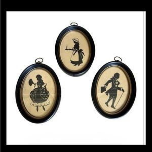 Vintage Silhouettes Set Of 3 Black Oval Frames Colonial Dress Americana